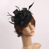 Linen band hatinater w sinamay bow and feather  black STYLE: HS/4685 /BLK
